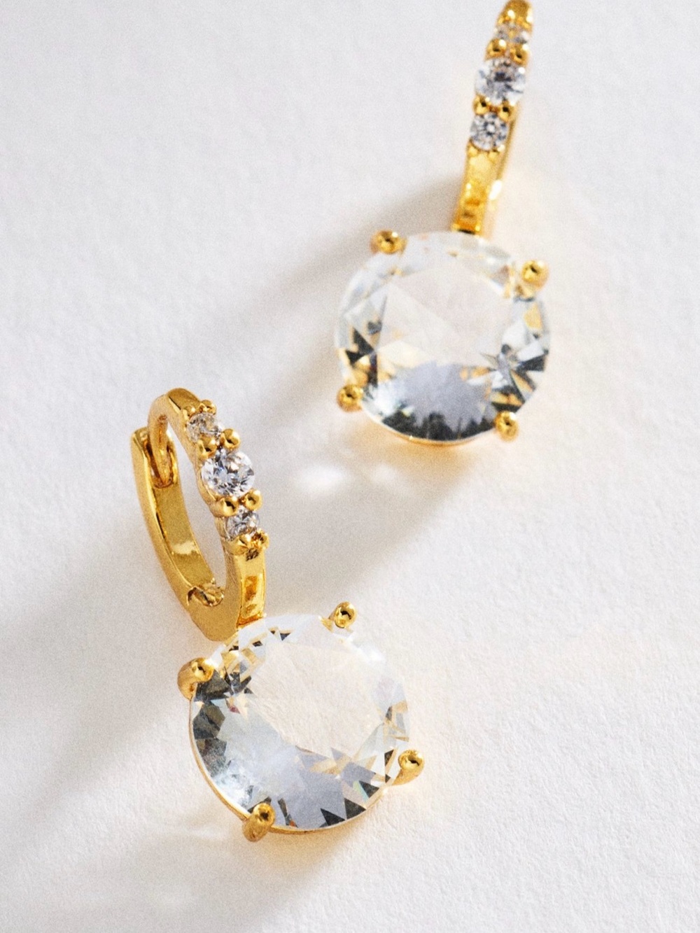 Gold Crystal Drop Hoop Earrings - Clear White Stone